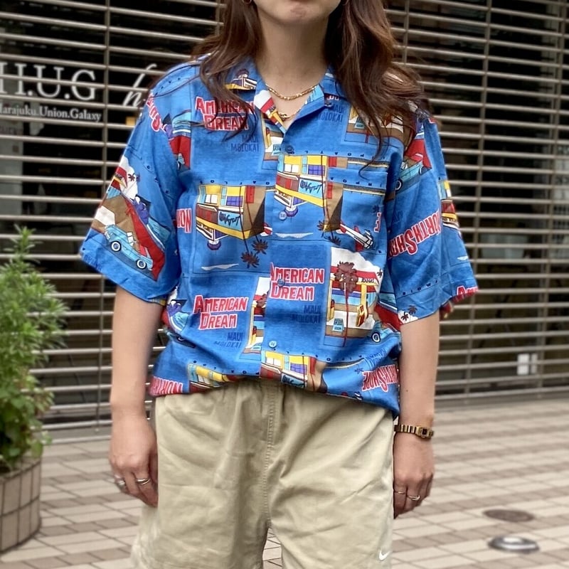 星柄　ポリエステルシャツ　レトロ古着 65・G/総柄デザイン ポリエステル シャツ 90年前後 (USED