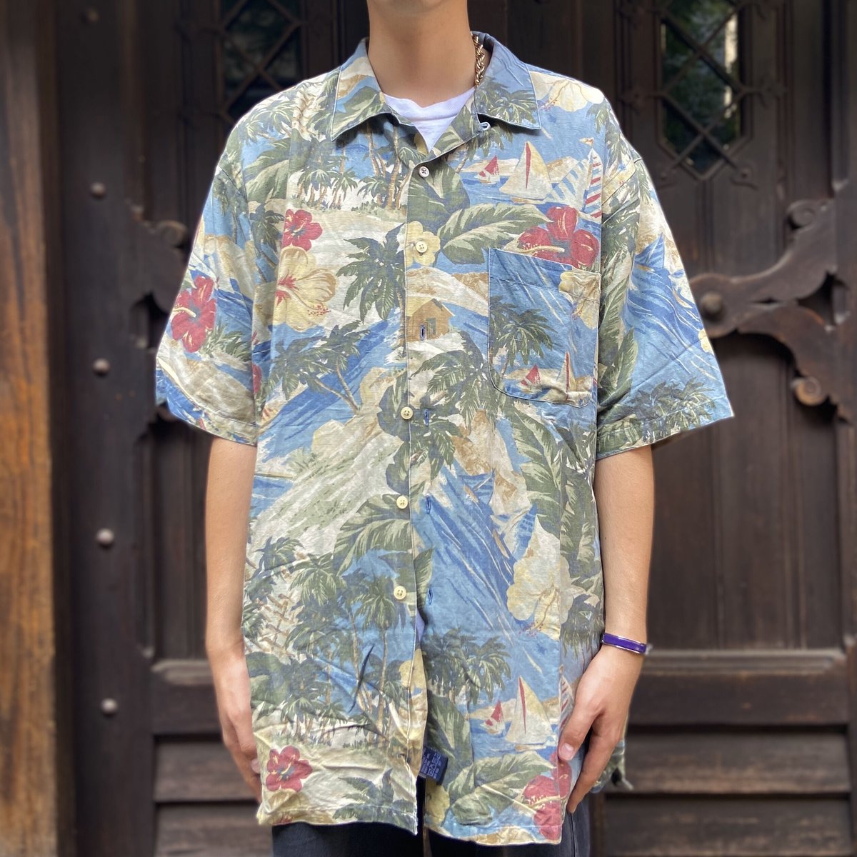 NAUTICA/ノーチカ 柄 リネンアロハシャツ 90年代 (USED