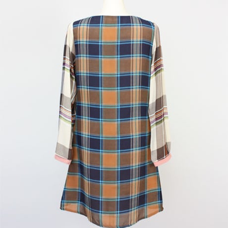 KLING/クリング - VALDIVIA チェック切り替えデザイン長袖シフォンワンピース (ターコイズ) 【セール】【スペイン】【ZARA】【MONKI】【ピーターパンカラー】
