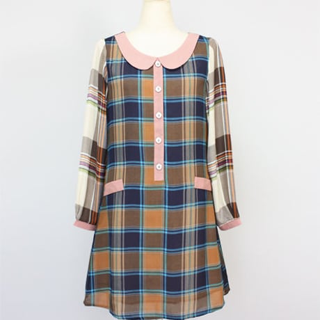 KLING/クリング - VALDIVIA チェック切り替えデザイン長袖シフォンワンピース (ターコイズ) 【セール】【スペイン】【ZARA】【MONKI】【ピーターパンカラー】
