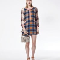 KLING/クリング - VALDIVIA チェック切り替えデザイン長袖シフォンワンピース (ターコイズ) 【セール】【スペイン】【ZARA】【MONKI】【ピーターパンカラー】