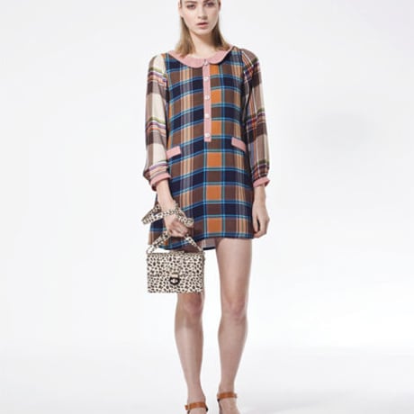 KLING/クリング - VALDIVIA チェック切り替えデザイン長袖シフォンワンピース (ターコイズ) 【セール】【スペイン】【ZARA】【MONKI】【ピーターパンカラー】