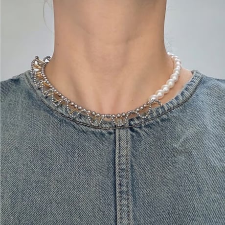 ⅓ frill necklace/ ホワイトパール × ヘマタイト