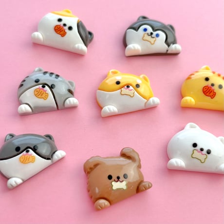 もぐもぐ 犬・ねこ mix デコパーツ 8個 ☆ハンドメイド☆デコパーツ☆素材☆キッズアクセサリー☆かわいい☆ゆめかわいい☆パステル