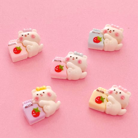 ミニ  ねこ と いちごミルク  デコパーツ 5個 ☆ ハンドメイド☆パーツ☆素材☆キッズアクセサリー☆かわいい☆ゆめかわいい☆パステル☆