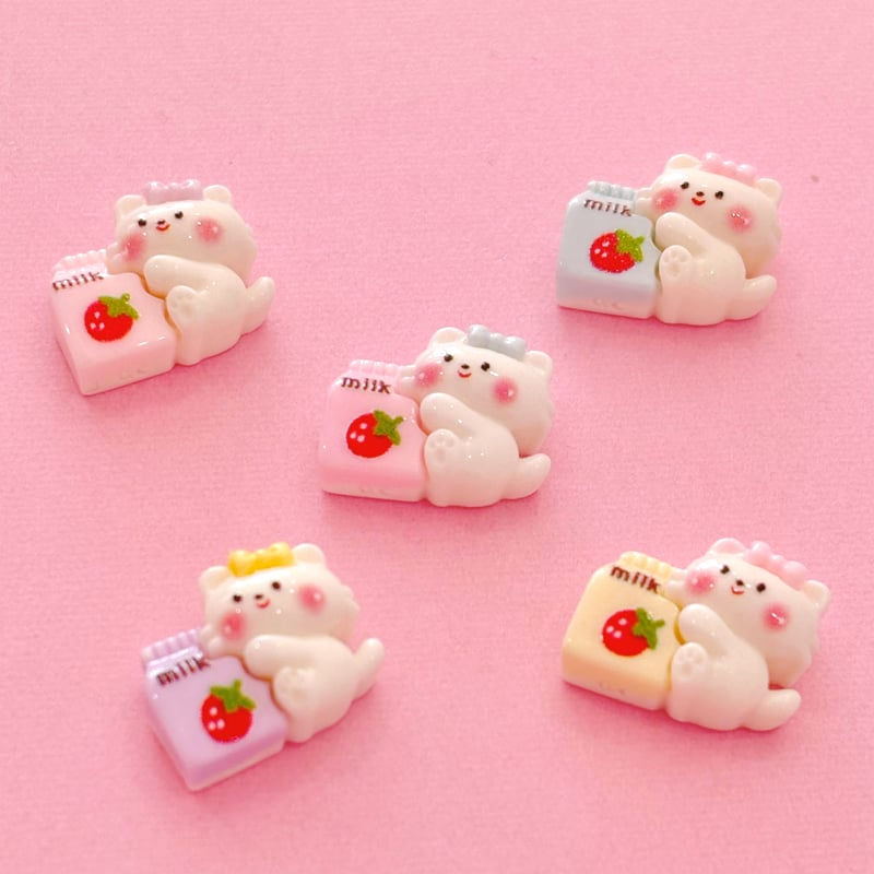 ミニ ねこ と いちごミルク デコパーツ 5個 ☆ ハンドメイド☆パーツ 