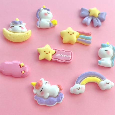 ゆめかわ ユニコーン デコパーツ ９個 ☆ハンドメイド☆デコパーツ☆素材☆キッズアクセサリー☆かわいい☆ゆめかわいい☆パステル