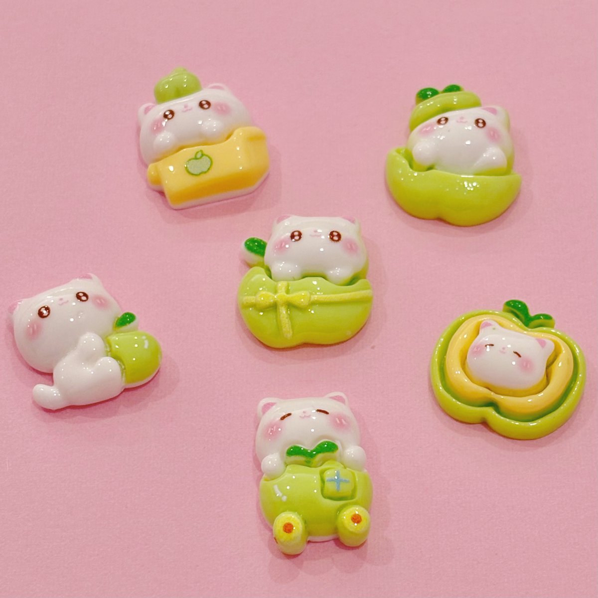 グリーンアップル ねこ デコパーツ 6個 ☆ ハンドメイド☆パーツ☆素材
