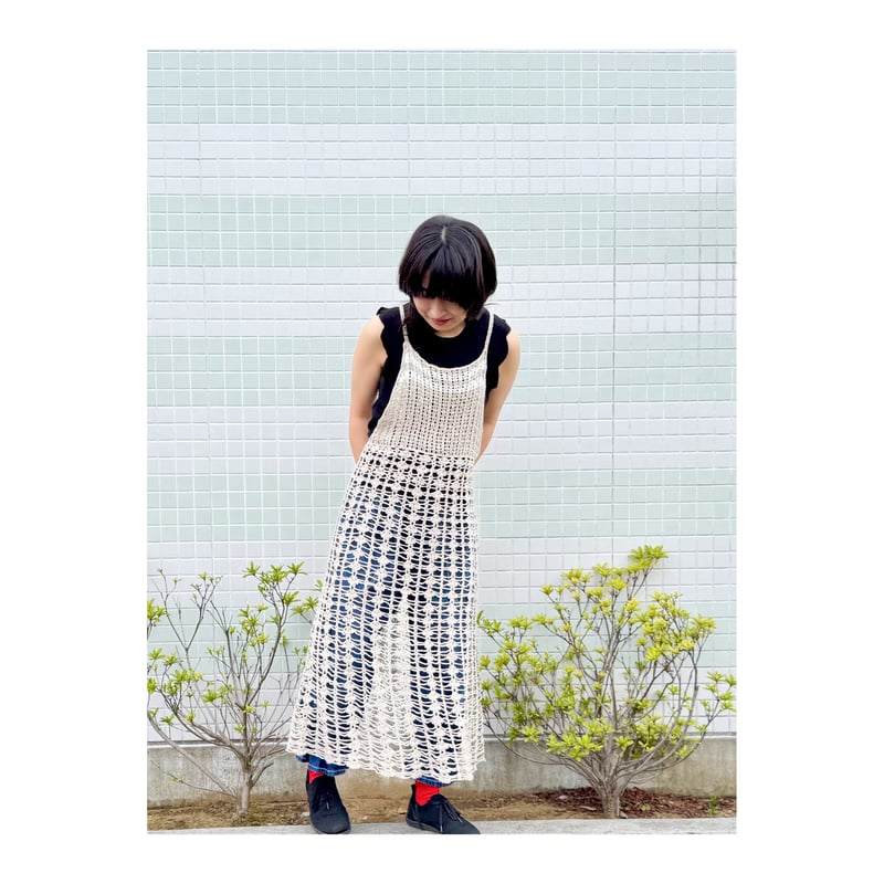 ハンドメイド作家 mifumi クロスギャザーのエプロンドレス　きなり リネン クロス エプロン MIFUMI