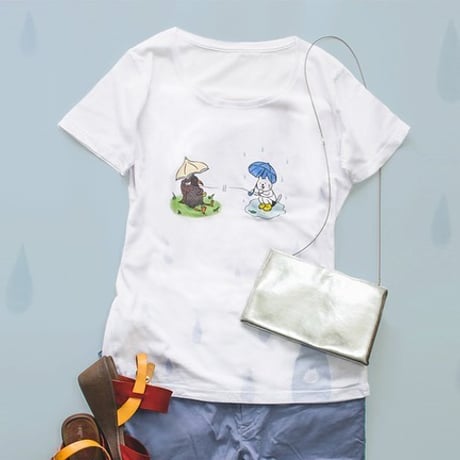 しずく模様のネコぱん雨のち晴れTシャツ レディース