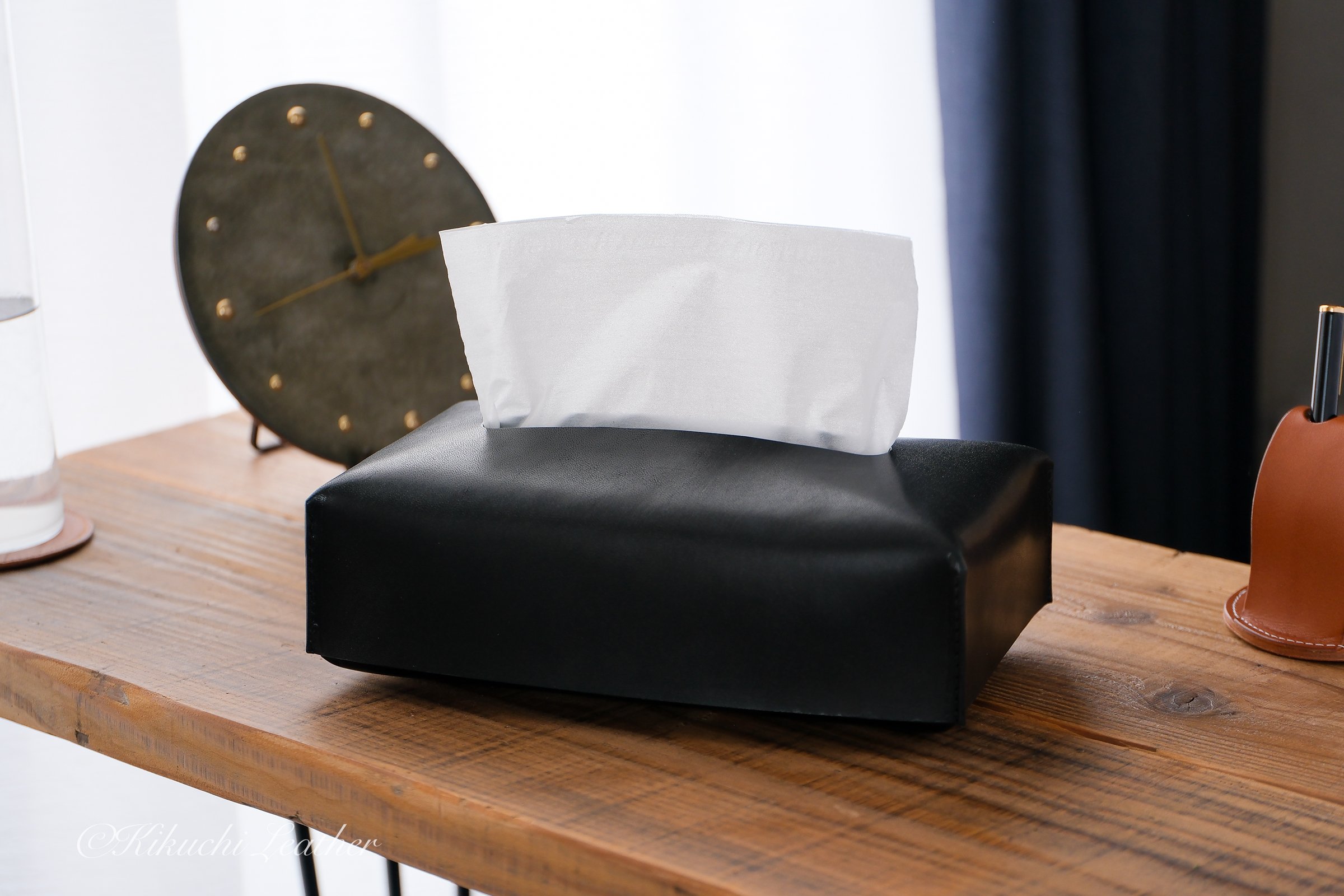 【新品】レザー ティッシュ ボックス ホルダー リバーシブル 一点限り《RIVER》レザーティッシュボックスケース Black le090 | KIKUC