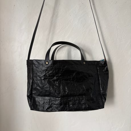 散歩バッグzip &ショルダー　黒ビニールx革丸(黒)