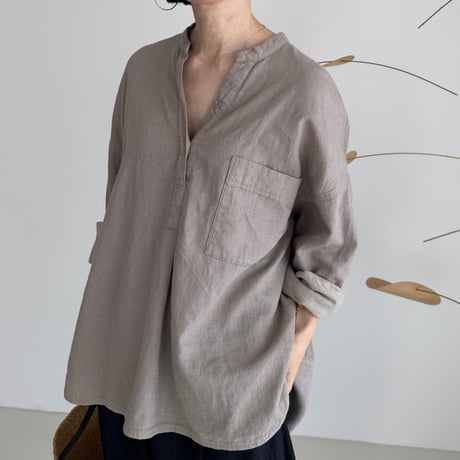 LINEN COTTON DENIM SHIRT PULLOVER / MAUVE BEIGE