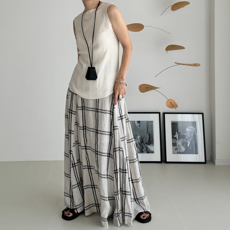 FRENCH LINEN LONG FLARE SKIRT/ LINE CHECK | ARGUE 