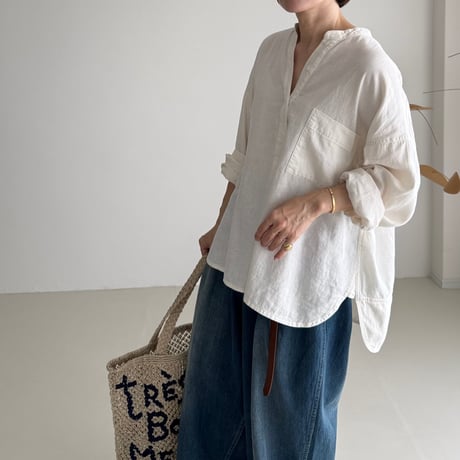 LINEN COTTON DENIM SHIRT PULLOVER/WHITE