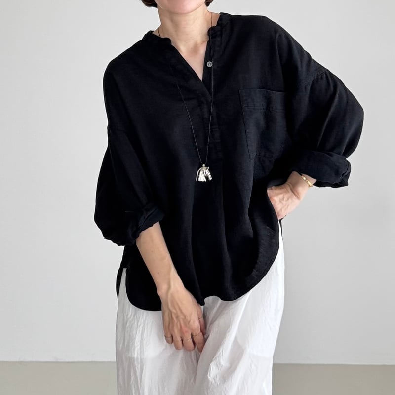 LINEN COTTON DENIM SHIRT PULLOVER / BLACK | ARGUE