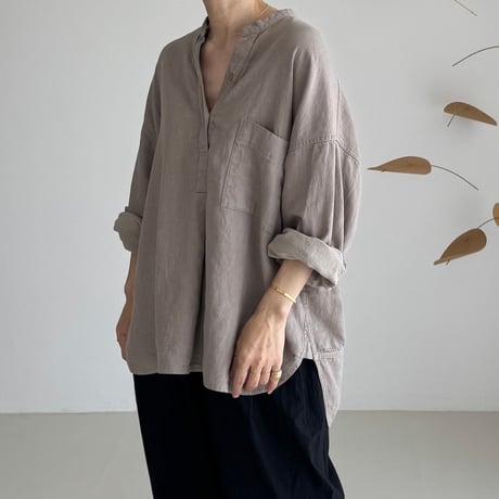 LINEN COTTON DENIM SHIRT PULLOVER / MAUVE BEIGE