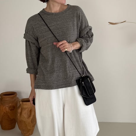 RAW MELANGE COTTON JERSEY   Layered Long T-shirt  【MOKU－ＣHACOAL】