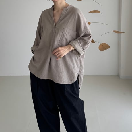 LINEN COTTON DENIM SHIRT PULLOVER / MAUVE BEIGE