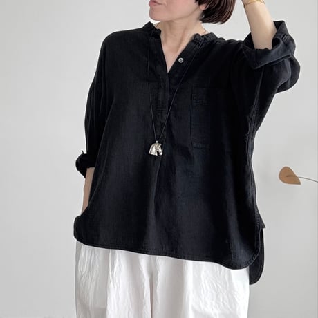 LINEN COTTON DENIM SHIRT PULLOVER / BLACK