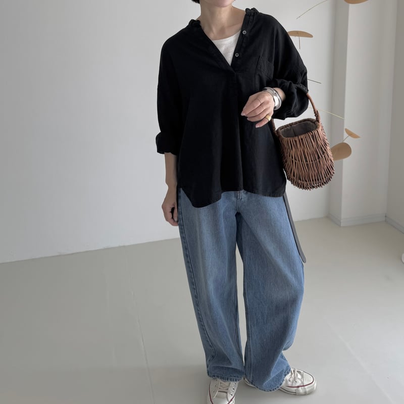 argue baseball denim デニム シャツ LINEN COTTON DENIM SHIRT PULLOVER / BLACK | ARGUE