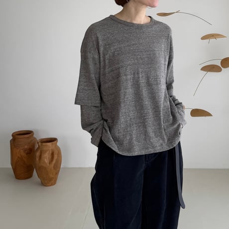 RAW MELANGE COTTON JERSEY   Layered Long T-shirt  【MOKU－ＣHACOAL】