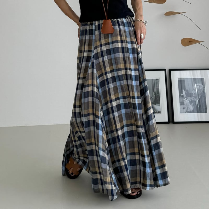 FRENCH LINEN LONG FLARE SKIRT/ MADRAS CHECK | A 