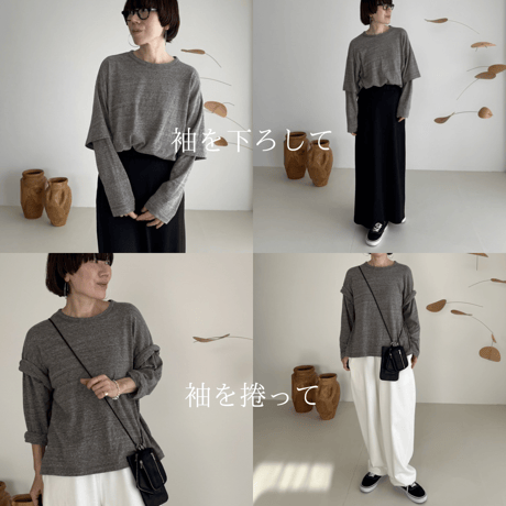 RAW MELANGE COTTON JERSEY   Layered Long T-shirt  【MOKU－ＣHACOAL】