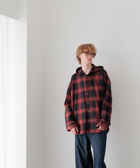 3PLY HEATHER YARN OMBRE CHECK HOODED GRUNGE SHIRTS OUTER