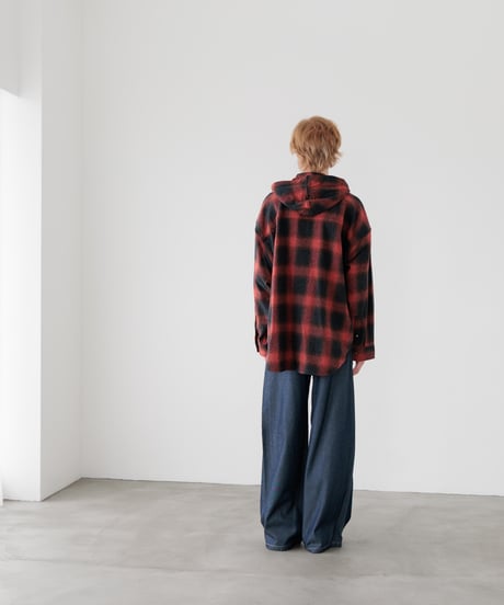 3PLY HEATHER YARN OMBRE CHECK HOODED GRUNGE SHIRTS OUTER