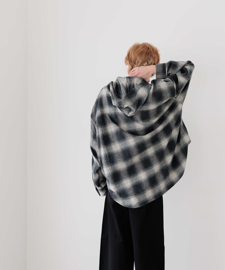 3PLY HEATHER YARN OMBRE CHECK HOODED GRUNGE SHIRTS OUTER