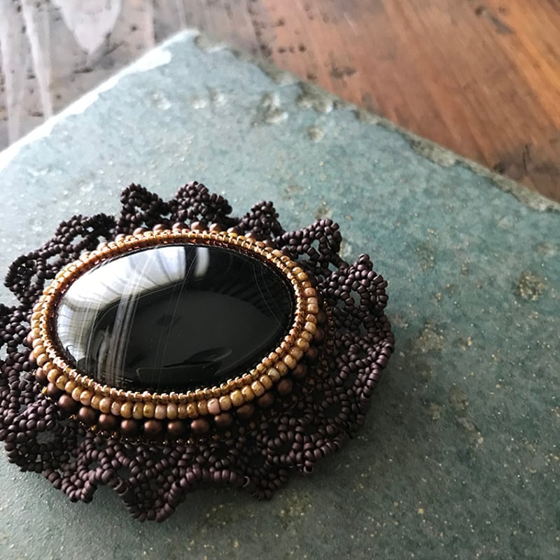 ブローチ帯留14金オニキス花着物小物
