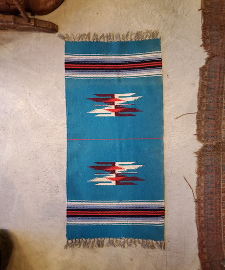 Wool turquoise blue Vintage chimayo rug.