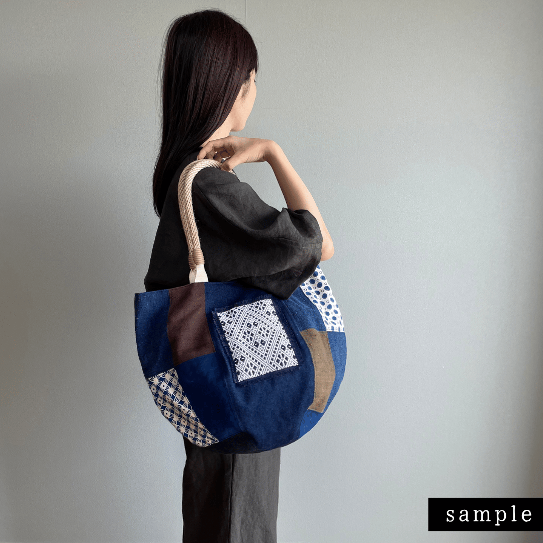サンプル123】こぎん刺し×ラオス・ミャオ族型染 麻ハンドル ボニー