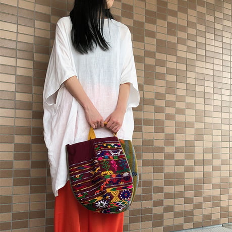 【サンプル037】ブータン・手織布ボニーバッグ（size/L)　本革ショルダー付き