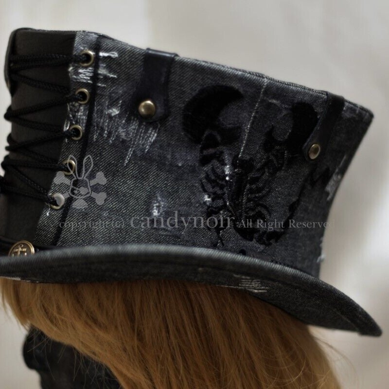 【サイズオーダー・受注製作】 デニムトップハット　シルクハット ダメージデニムのトップハット | candynoir