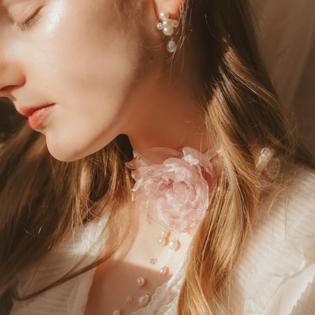 Flower × Pearl code ribbon choker 【Pink Pearl Bloom】