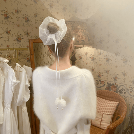 Organza Fabric Flower Pearl Scrunchie