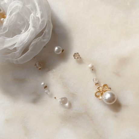 Flower × Pearl code ribbon choker 【White Bloom】
