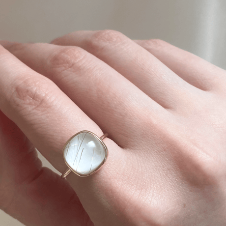Rutile Quartz × White Mother of Pearl Cabochon Ring