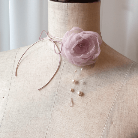 Flower × Pearl code ribbon choker 【Rose Quartz Pink】