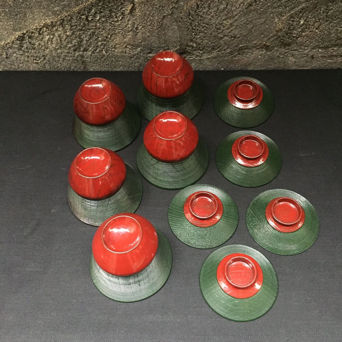Japan Antique 糸目 千筋 溜塗 本漆 小型吸物椀 5客揃 茶懐石