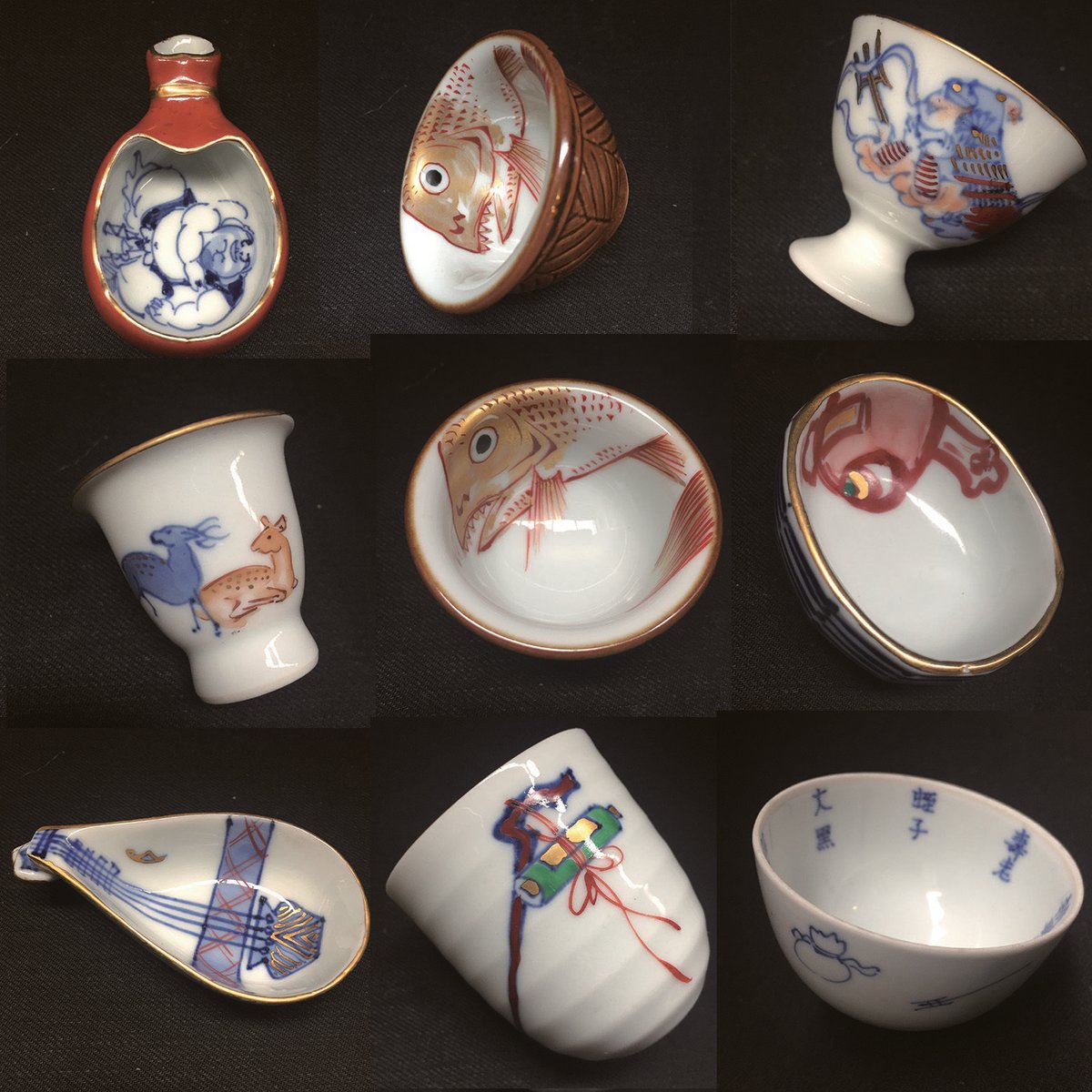 安南 福壽盃 真葛 香斎 箱付き Japan Vintage 京焼 七福神 座興盃 8揃 松井好/松僲製 盃 杯 酒