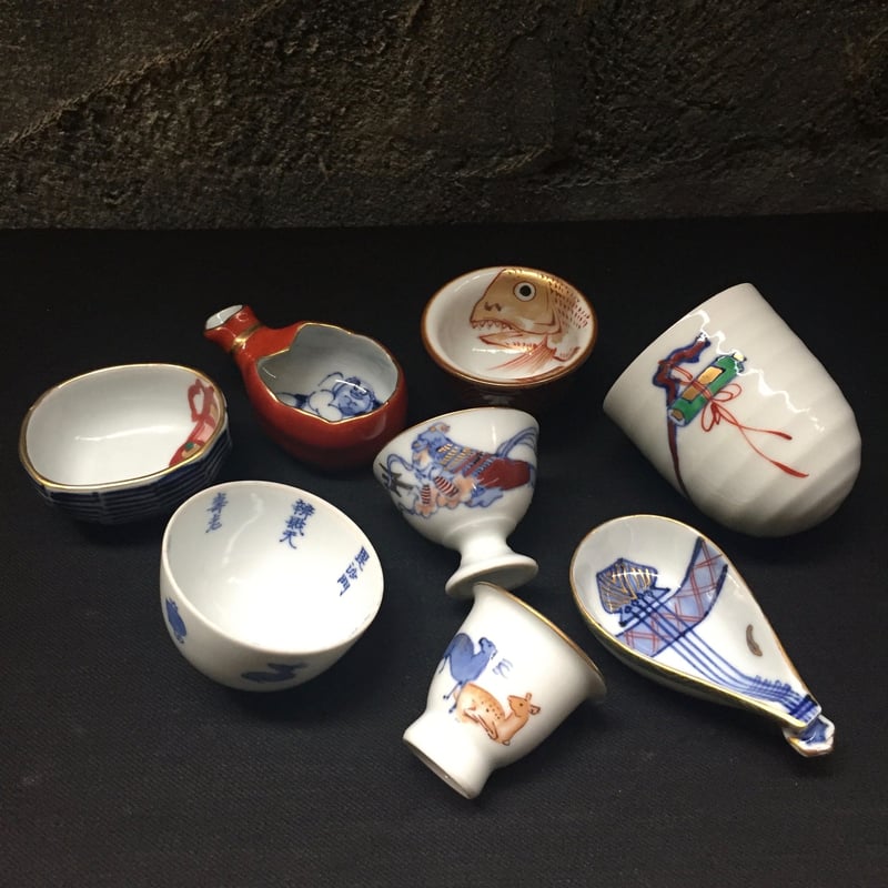 Japan Vintage 京焼 七福神 座興盃 8揃 松井好/松僲製 盃 杯 酒