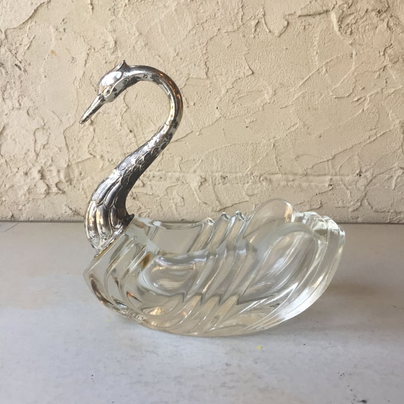 ヴィンテージ スワン 白鳥 小物ケース 白鳥 スワン 小物入れ vintage クリスタル×メタルシルバー L