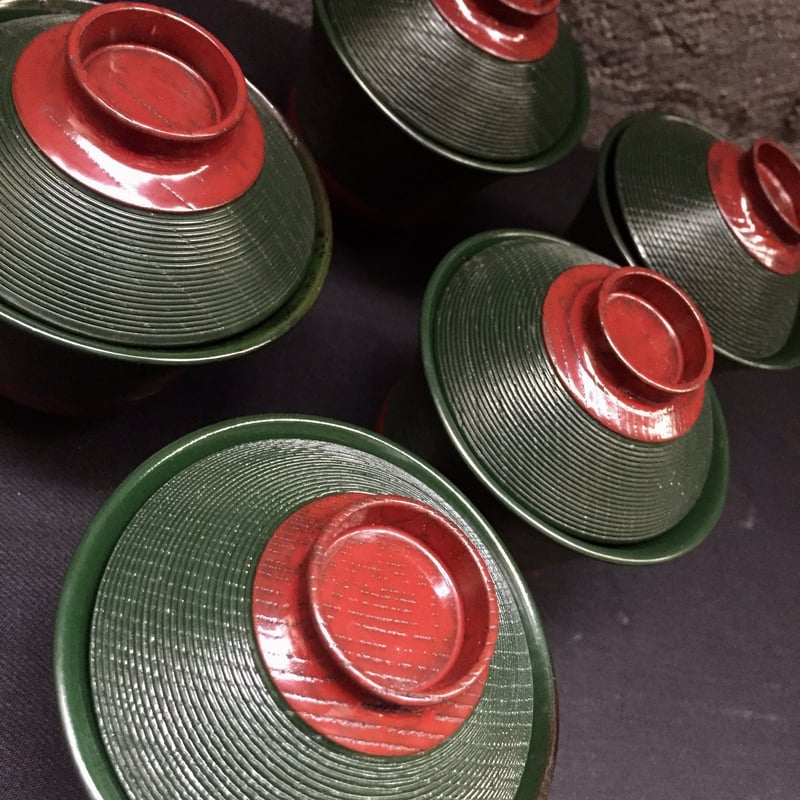 Japan Antique 糸目 千筋 溜塗 本漆 小型吸物椀 5客揃 茶懐石 茶道具 |