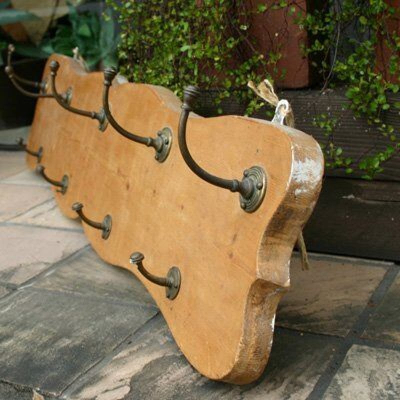 England 1940's オールドパイン ウォール 9フック 木製 真鍮 壁掛け