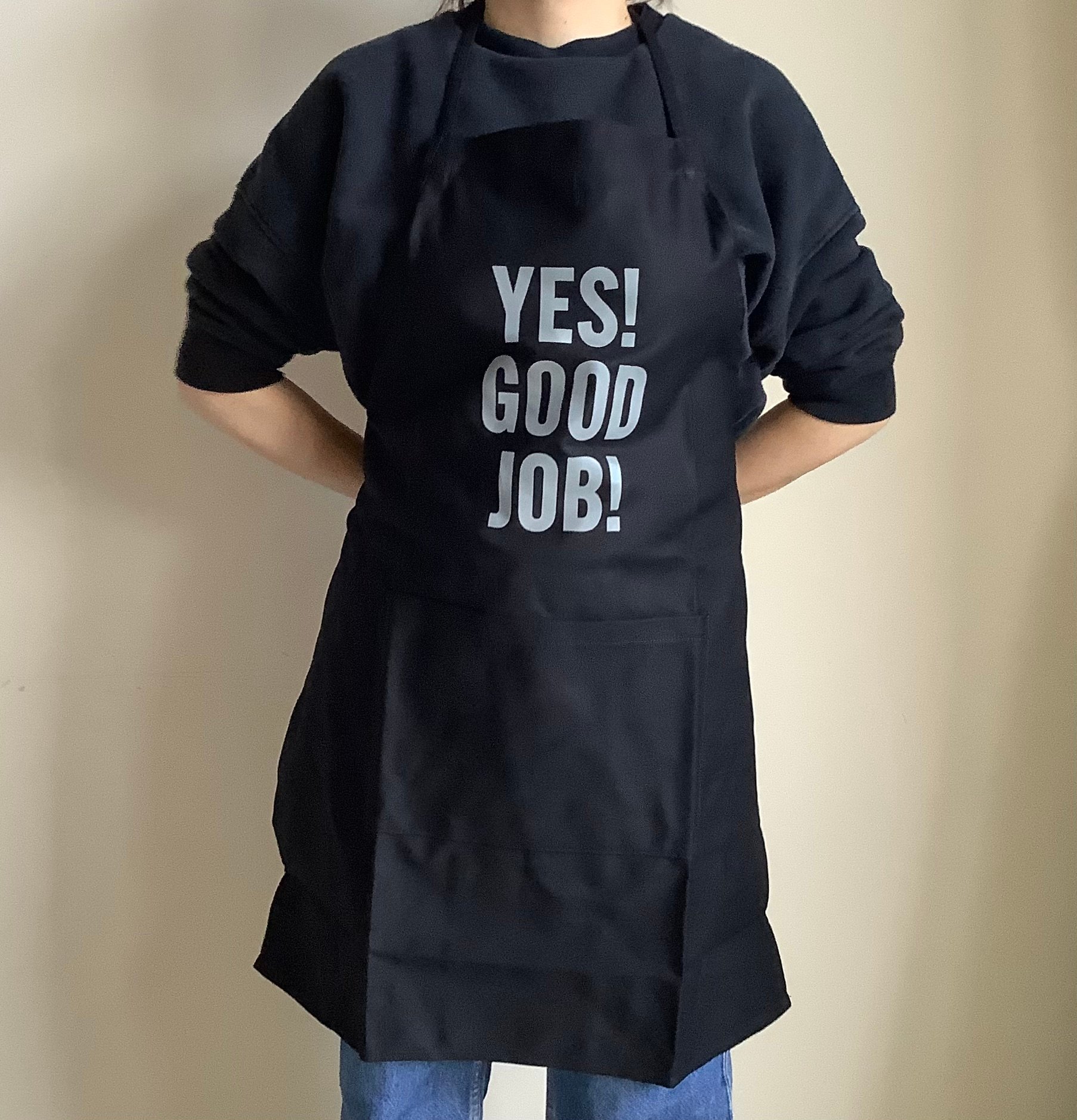 DRESSSEN エプロン YES! GOOD JOB! ダークネイビー ADULT APRON DR(BLK)2 ”YES！ GOOD JOB！“BLACK COLOR ※GREYロゴ