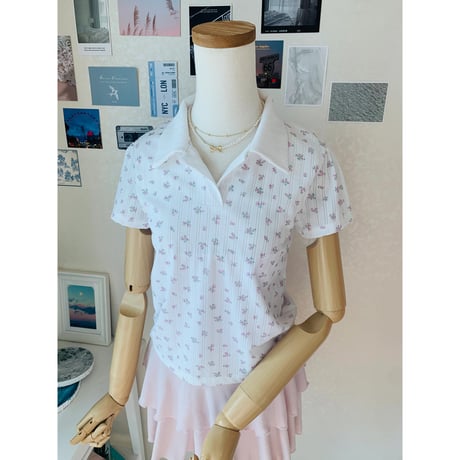 48小花柄配色襟Tシャツ