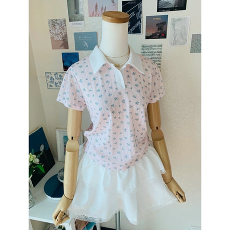 48小花柄配色襟Tシャツ